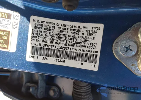 2006 Honda Civic Lx z USA, uszkodzony, nr VIN 1HGFA165X6L020751